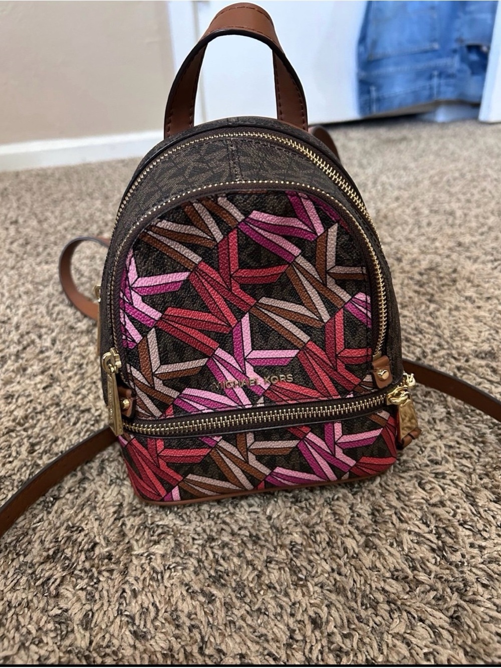 Michael Kors Brown & Pink Geometric Mini Backpack